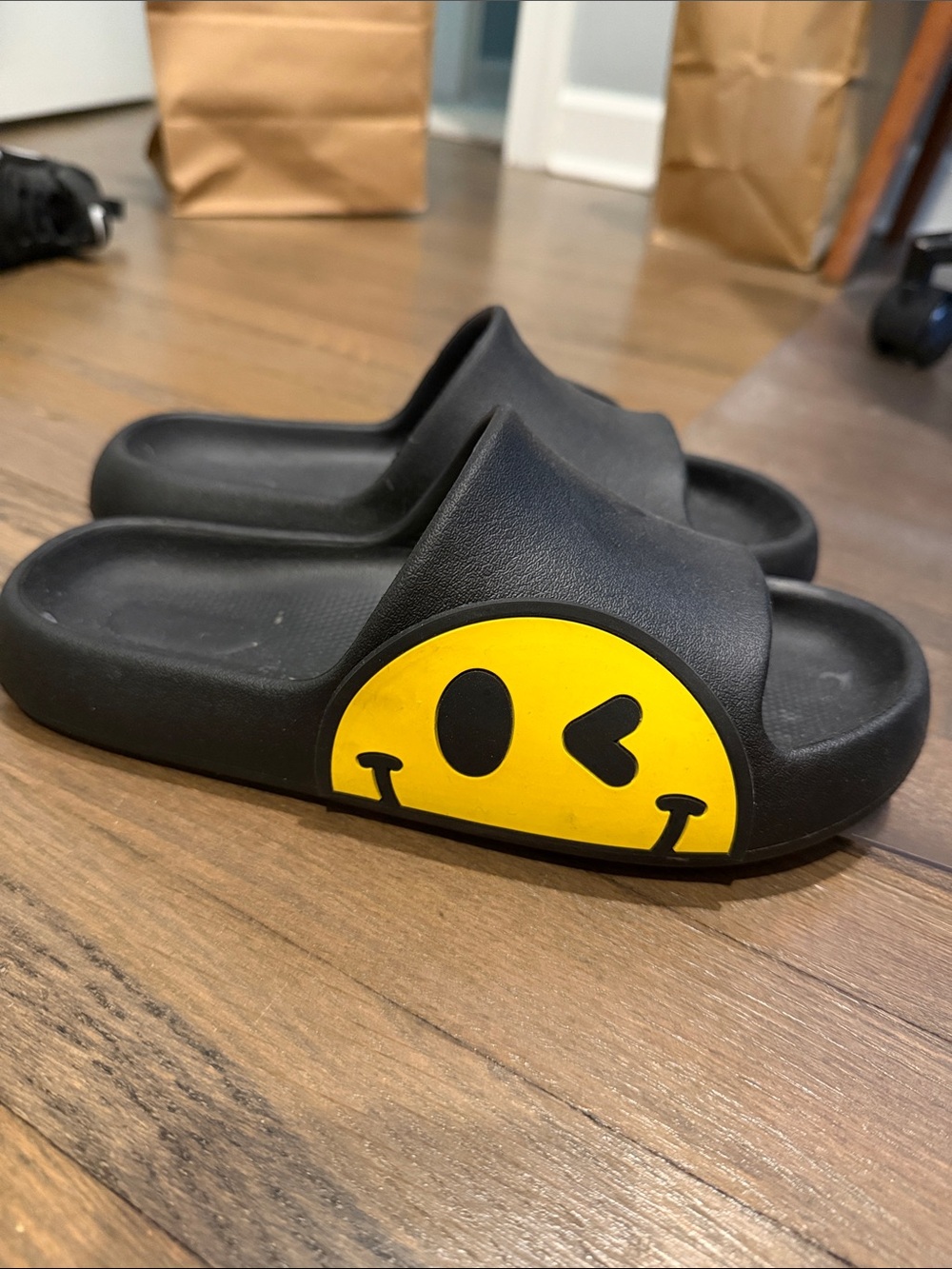Kids Black Slide Sandals with Yellow Winking Smiley